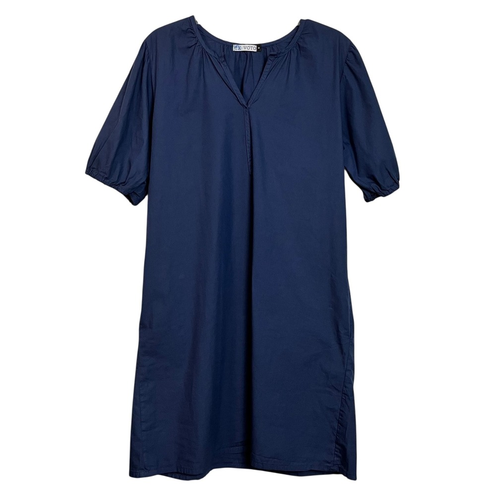 Ex Voto Navy Blue Organic Cotton Short Sleeve Knee Length Dress Size M (3142)‎